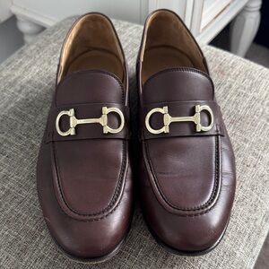 Salvatore Ferragamo Brown Loafers with Silver Gancini Buckle Mens Size 8